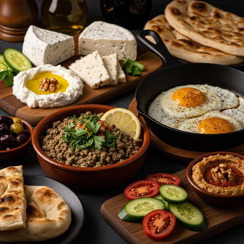 Syrian breakfast with foul, fatteh and eggs